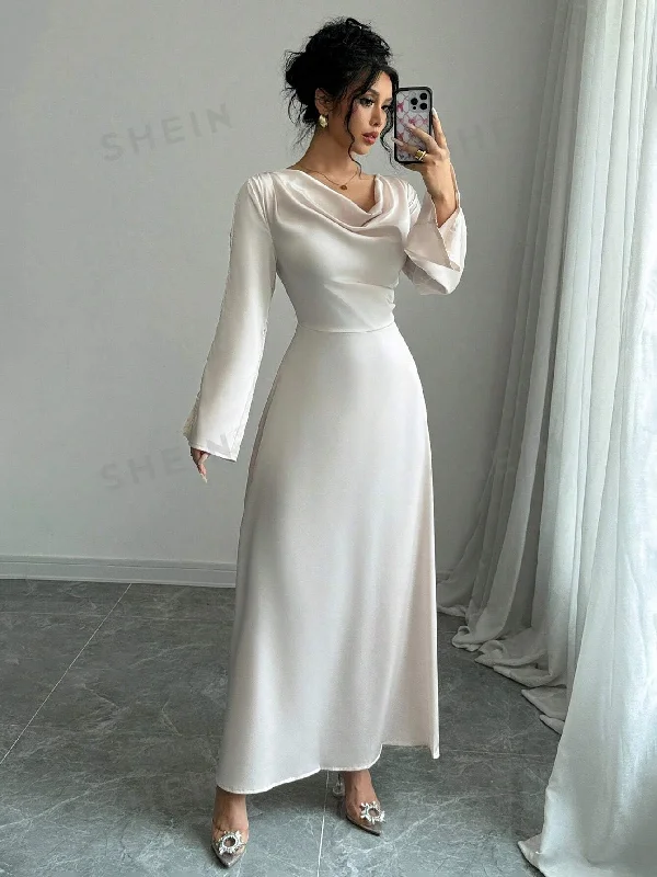 Elegant Long Sleeve Ruched Waist Midi Dress