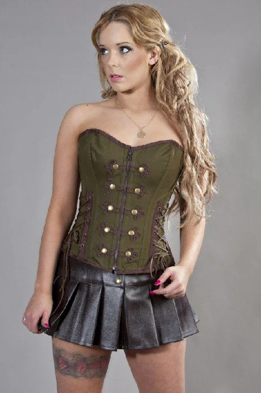 Rock Overbust Corset In Olive Green & Brown Twill