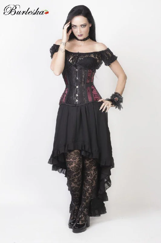 Morgana Underbust Steel Boned Corset In Burgundy Satin Flock With Black Lace