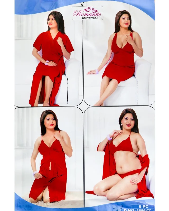 Women's Satin Sleepwear Lingerie 6 Pcs Bridal Nighty Set - Wedding Nighty Set - Romantic - 3886CC