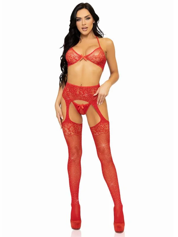 Beach - style stockings for a coastal look3 Pc Rhinestone Bra Top, G-String, Garter Belt Stockings Red Beach - style stockings for a coastal look3 Pc Rhinestone Bra Top, G-String, Garter Belt Stockings Red