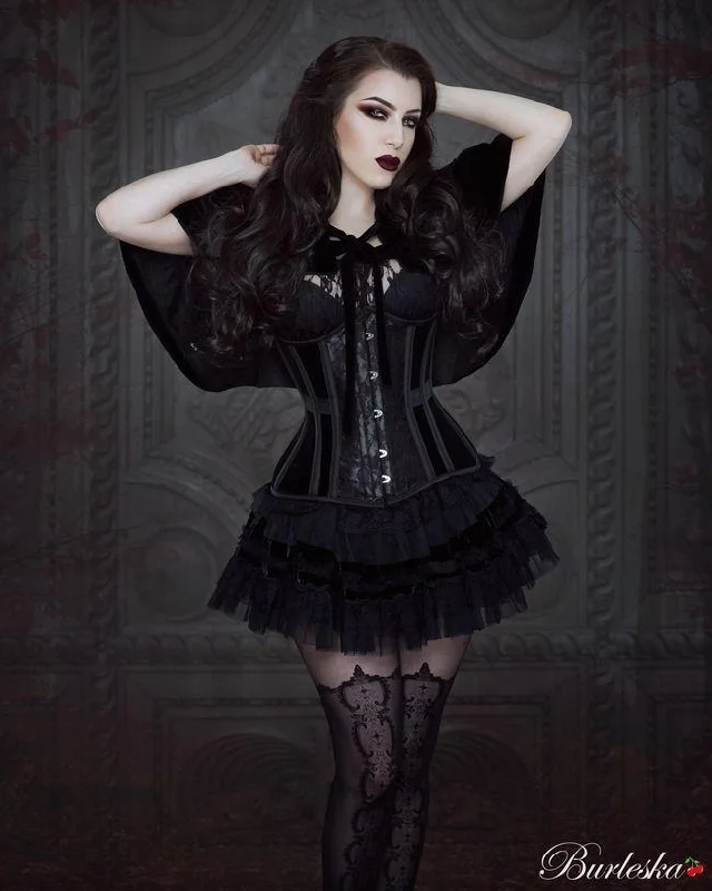 Morgana Underbust Steel Boned Corset In Black Velvet Flock With Black Lace