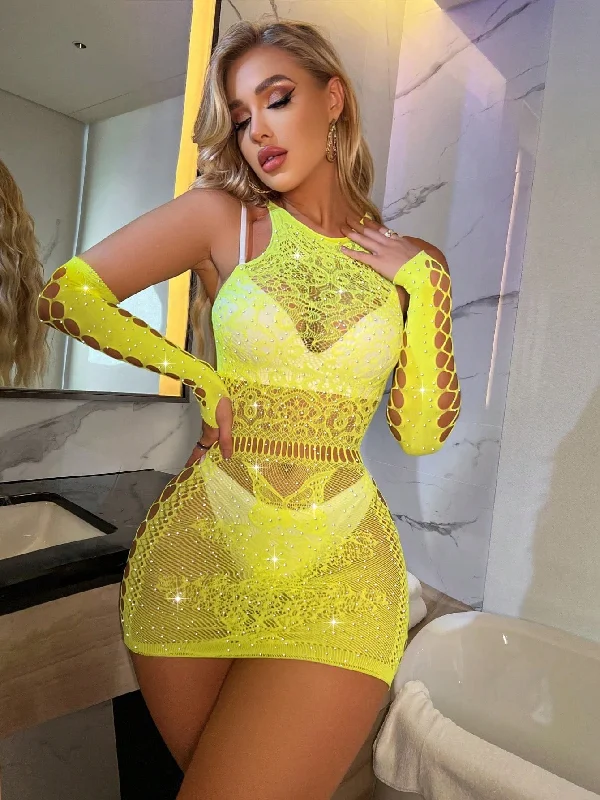 Sexy prom dresses for a memorable nightRhinestone Fishnet Dress With 1pair Cloves