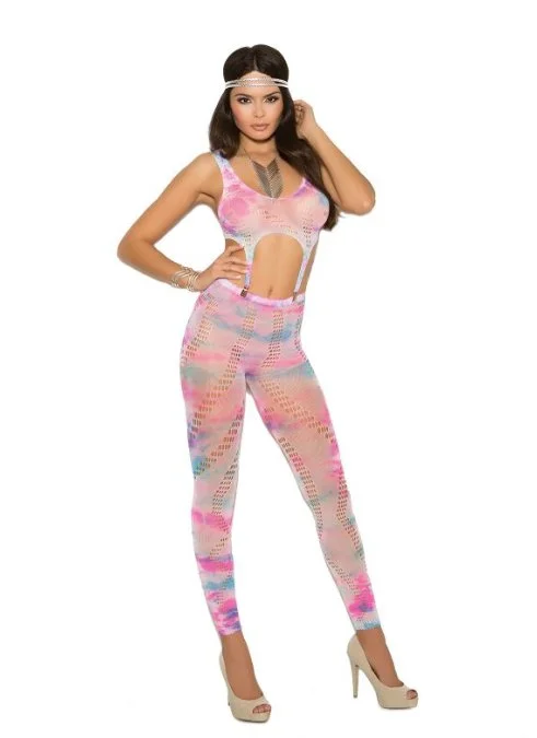 Satin - lined stockings for extra comfortFootless Bodystocking with Clips Tie Dye
