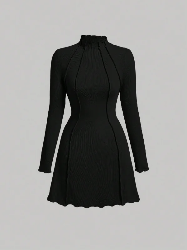 MOD Women's Stand Collar Long Sleeve Stitch Decoration Elasticity Black Dress