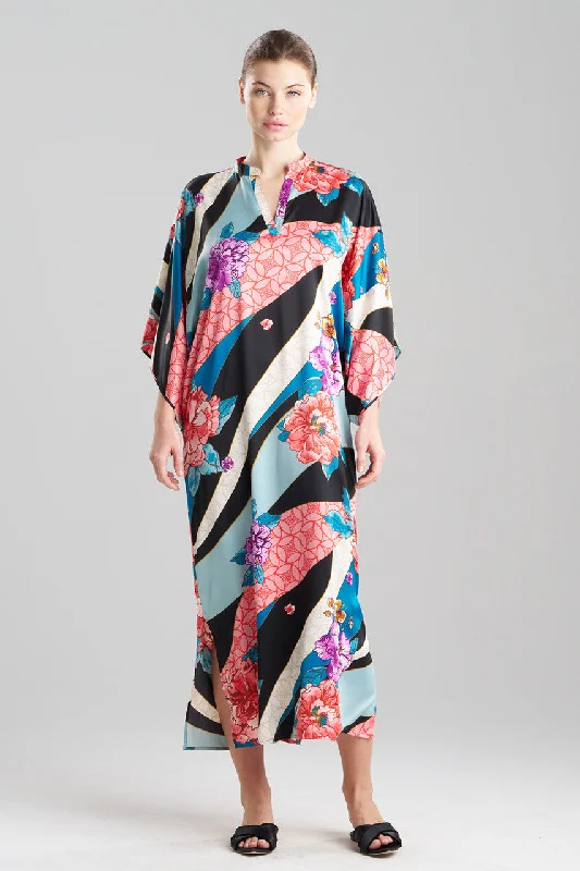 Women's Tummy Control Lingerie Floral Tapestry Satin Mandarin Caftan