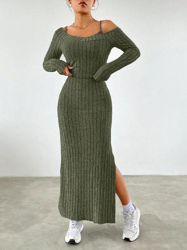 EZwear Women's Solid Color Ribbed Cami Dress With Pullover Sweater Two Piece Set