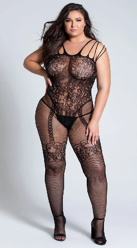 Plus Size Open Crotch Fishnet and Lace Bodystocking