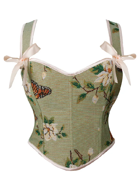 Pastel - colored corsets for a soft and feminine appealWomen Vintage Floral Print Spaghetti Strap Lace Up Bustier Corset Crop Top Green Tank Top