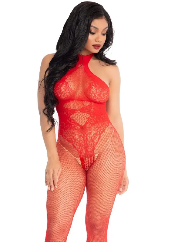 Seamed stockings for a vintage lookFishnet Seamless Halter Bodystocking Red