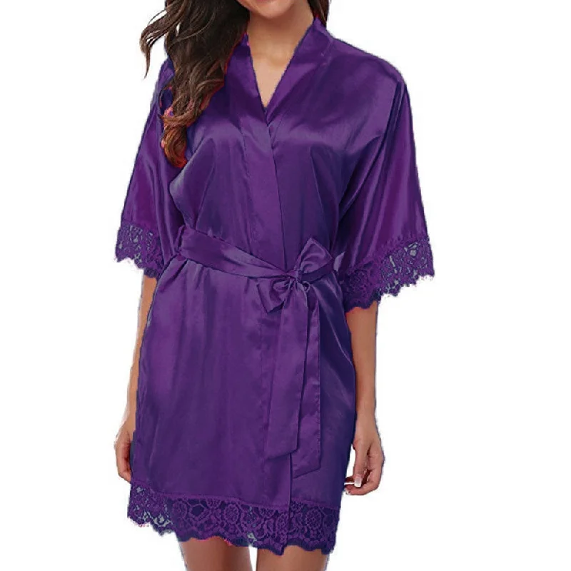 Night Robe For Women Sexy Lingerie Nightdress Silk Satin Sleepwear Smooth Lace Robe Dress Nightgown Bathrobes