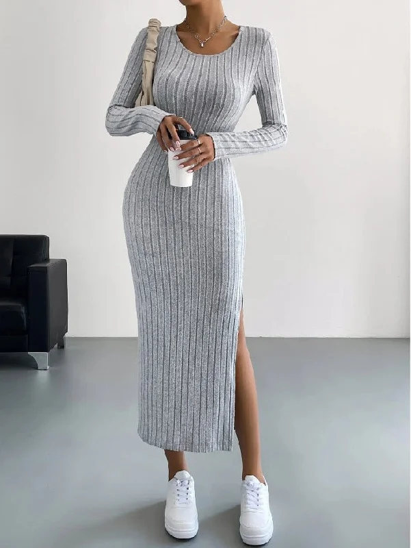 New long-sleeved round neck slit knitted long dress for women