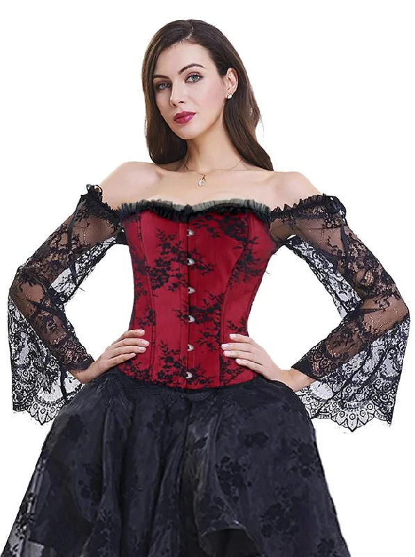 Cotton - blend bustiers for breathabilityGothic Victorian Overbust Bustier Corset with Long Lace Floral Sleeves