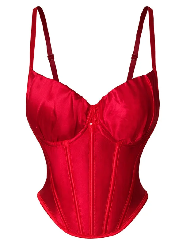 Retro - 1950s corsets with a cinched waistWomen Retro Spaghetti Straps Backless Plastic Bones Lace-up Overbust Corset Red