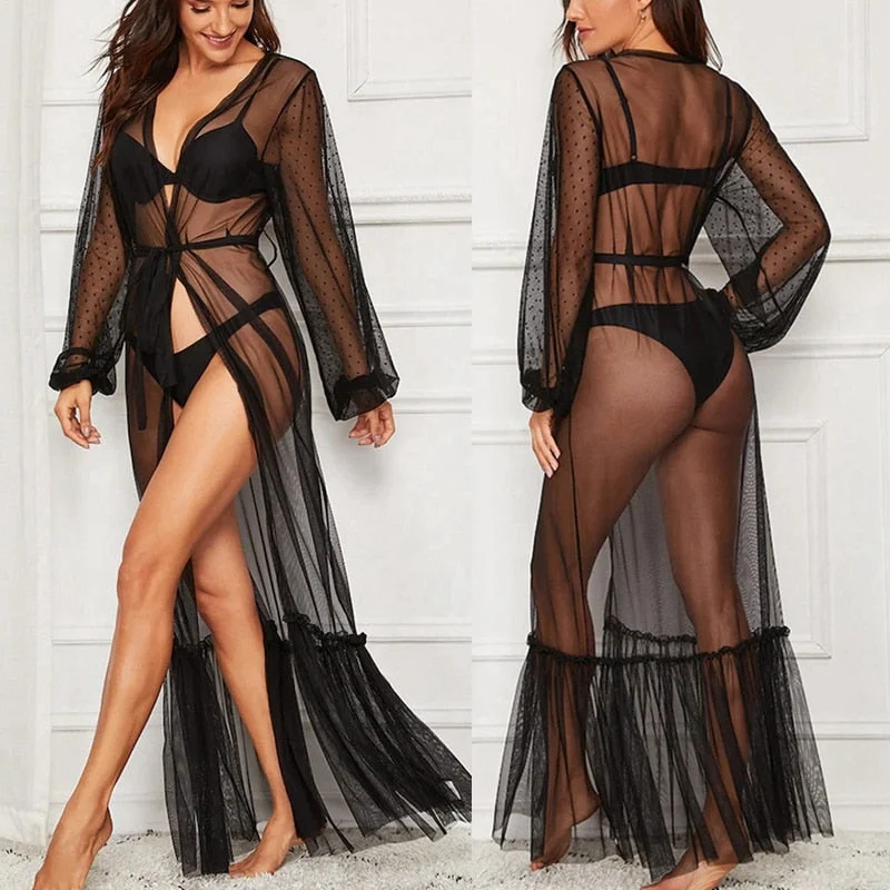 Lace Long Sleeve Sleepwear Gown Black Robes Chemise Dress with Belt Sheer  Women Robe