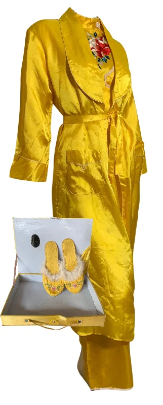 Women's Sheer Lingerie Nightgowns Saffron Yellow Satin 4 Piece Japanese Pajama Souvenir Set circa 1960s