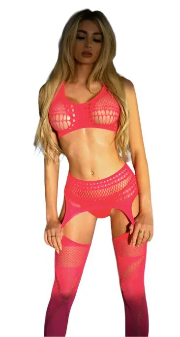 Thigh - high stockings with a lace garter beltFishnet Two Piece Bodystocking Pink