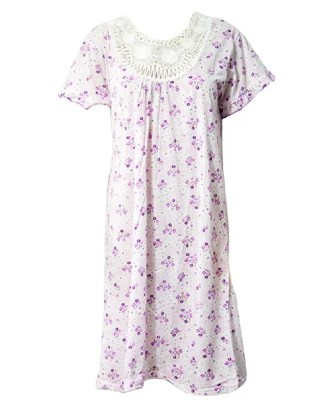 Stylish White Long Nighty With Purple Flower Print 111.9 - Women Nightdress