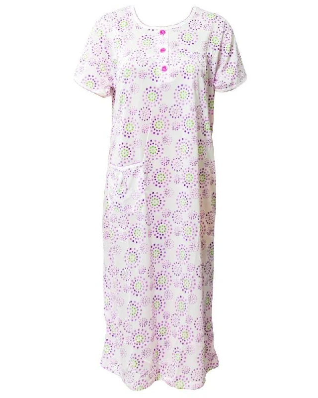 White Long Nighty Printed & Side Pocket  Purple Shade 4014 -  Women Nightdress