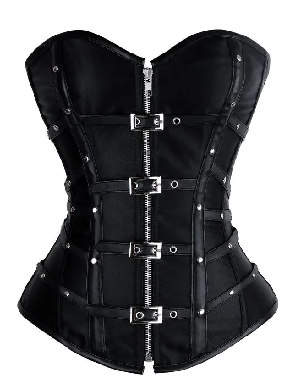 Leather bustiers for a bold and edgy lookWomen's Steampunk Faux Leather and Satin Zipper Corset Top with Buckle