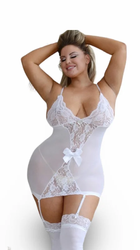 Plus Size Lace Dress with Attached Garter Stockings White