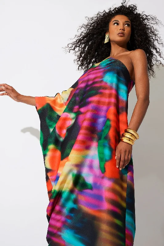Plus Size Lace Lingerie for Women Floral Mirage Printed Rayon One Shoulder Caftan