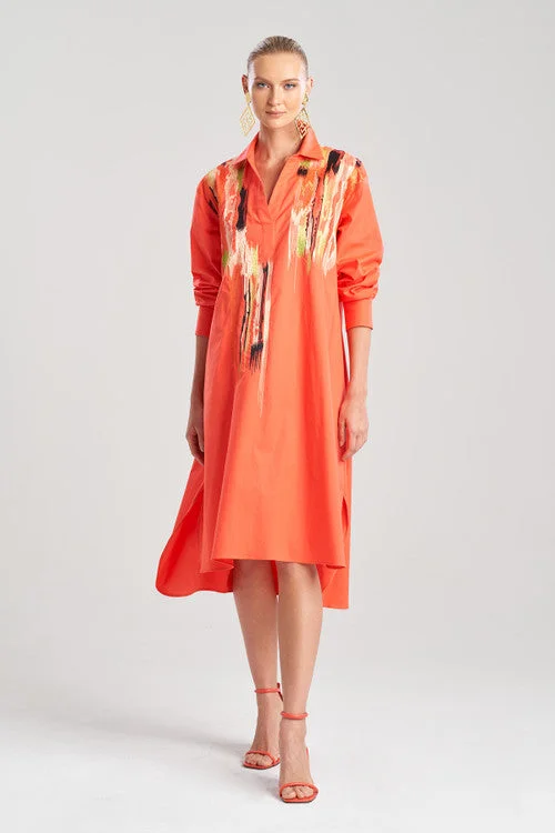 Cotton Poplin Oversized Half Placket Embroidered Shirtdress