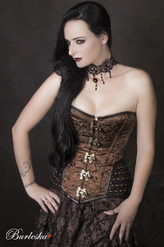 Warrior Overbust Steampunk Corset In Brown Brocade & Brown Matte Hip Panels