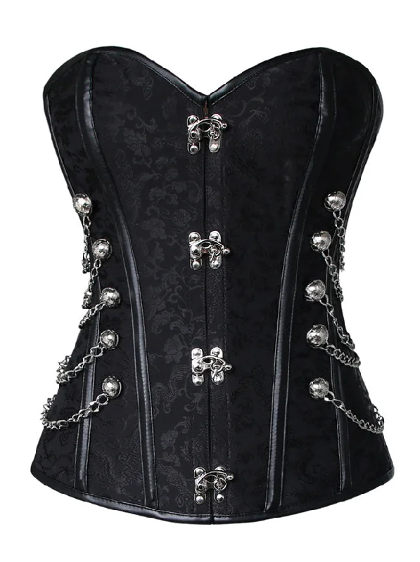 Waist - training corsets for long - term figure shapingSteampunk Gothic Spiral Steel Boned Brocade Overbust Waist Cincher Corset with Chains