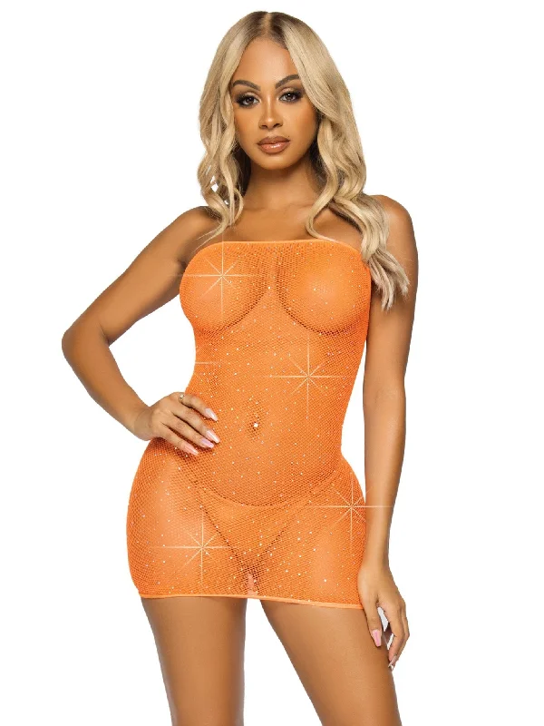 Rhinestone Fishnet Tube Dress Orange