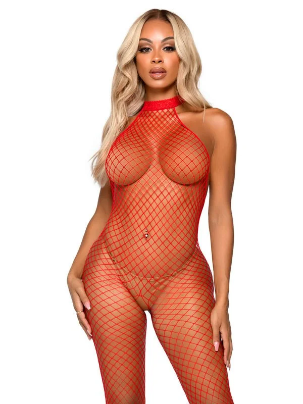 Lace - top stockings for a feminine touchIndustrial Net Racer Neck Backless Bodystocking Red Lace - top stockings for a feminine touchIndustrial Net Racer Neck Backless Bodystocking Red