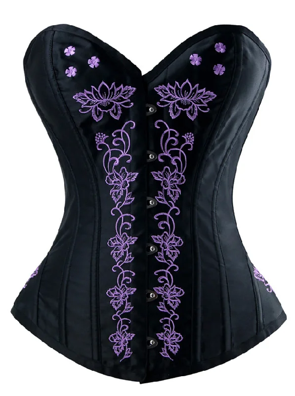 Hypoallergenic bustiers for sensitive skinClassical Black Vintage Steel Boned Overbust Corset with Floral Embroidery