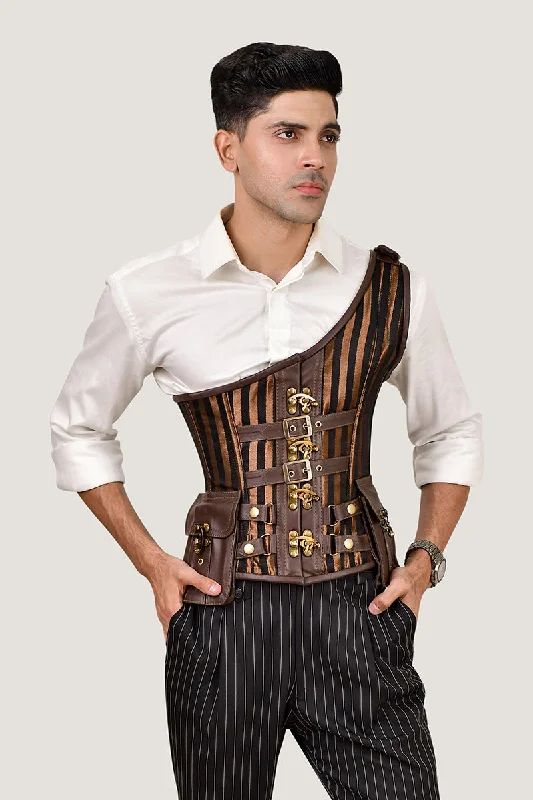 Leather-Brocade Corset for Men: Brown-Lined Design