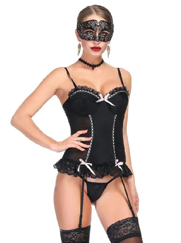 Steampunk - themed bustiers with brass accentsBlack Sheer Mesh Floral Lace Plastic Boned Elastic Chemise Bustier Corset