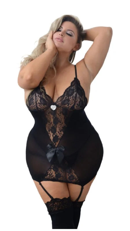 Plus Size Lace Dress with Attached Garter Stockings Black