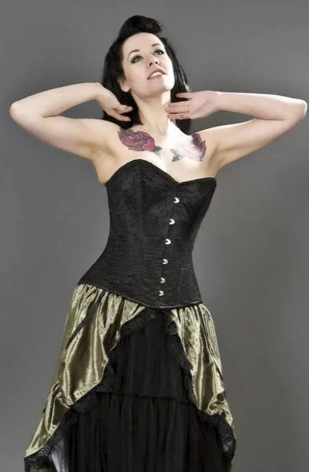 Elegant Overbust Steel Boned Corset In Black Satin & Spider Lace Overlay