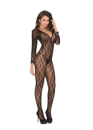 Wool - blend stockings for warmth in winterDeep V Long Sleeve Body Stocking Black