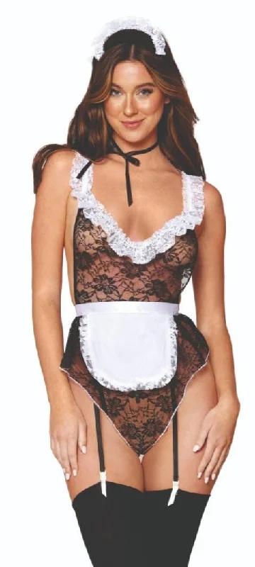 Cute Maid Cosplay Lingerie for WomenLace Maid Teddy Costume with High-Cut Flutter Leg Cute Maid Cosplay Lingerie for WomenLace Maid Teddy Costume with High-Cut Flutter Leg