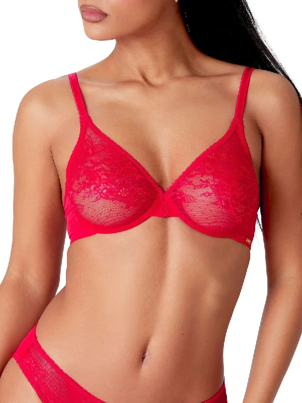 Women's High Waist Lingerie Bodysuits Glossies Lace Sheer Moulded Bra - Chilli Red