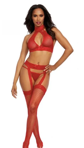 Women's sheer stockings with a fishnet pattern3PC Bodystocking with Cutout Front Red Women's sheer stockings with a fishnet pattern3PC Bodystocking with Cutout Front Red