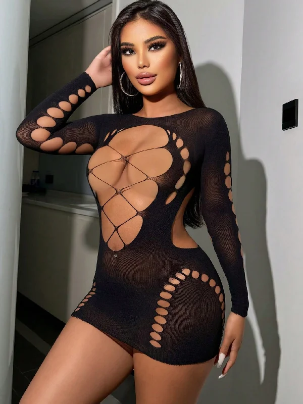 Mesh - paneled sexy dresses for a hint of skinHollow Out Fishnet Net Lingerie Dress Black Mesh - paneled sexy dresses for a hint of skinHollow Out Fishnet Net Lingerie Dress Black
