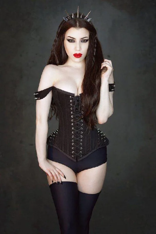 Takara Overbust Corset With Straps In Black Twill And Silver Spikes