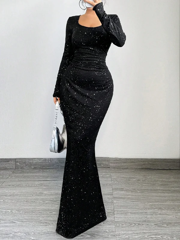 SXY Elegant Luxury Cinched Waist Comfortable Fitted Sparkly Square Neck Long Sleeve Dress For Dates, Gatherings, Birthdays, Parties