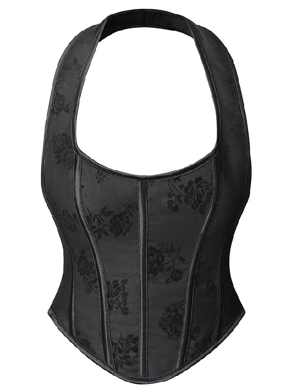 Animal - print bustiers for a wild and fierce styleRetro Sexy Printed Hanging Neck 13 Plastic Boned Lace-up Overbust Corset Black