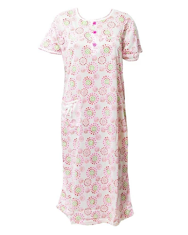 White Long Nighty Printed & Side Pocket  Red Shade 4014 -  Women Nightdress