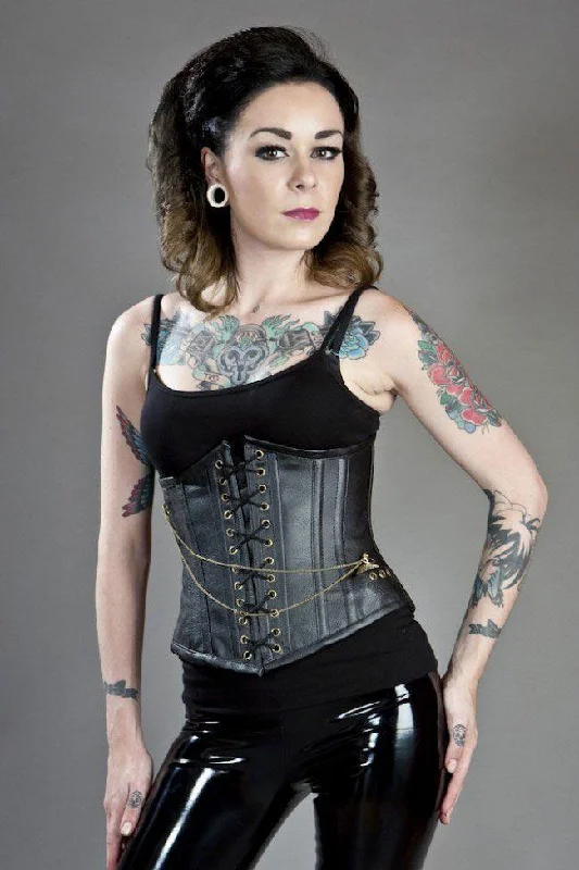 Black Steampunk Underbust Corset With Pocket Watch In Matte Vinyl