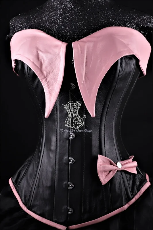 Leather Overbust Corset; Pin-Up Girl in Black with Pink