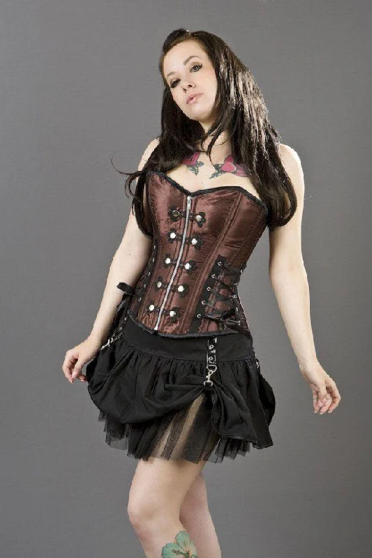 Rock Overbust Punk Rock Corset In Brown Satin