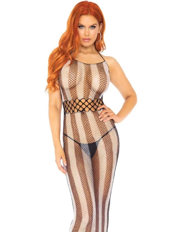 Striped Fishnet Long Halter Dress