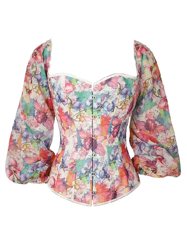 Red corsets for a passionate and attention - grabbing styleVictorian Retro Floral Print Ruffled Puff Long Sleeves Overbust Corset Bustier